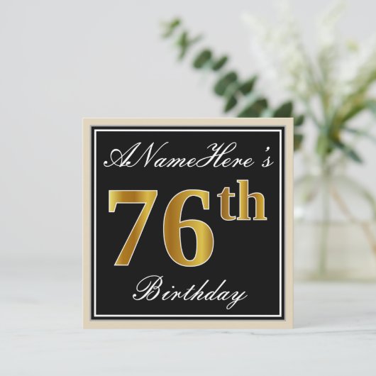 Elegant, zwart, Faux Gold 76th Birthday + naam Kaart (Staand voorkant)