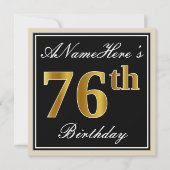 Elegant, zwart, Faux Gold 76th Birthday + naam Kaart (Voorkant)