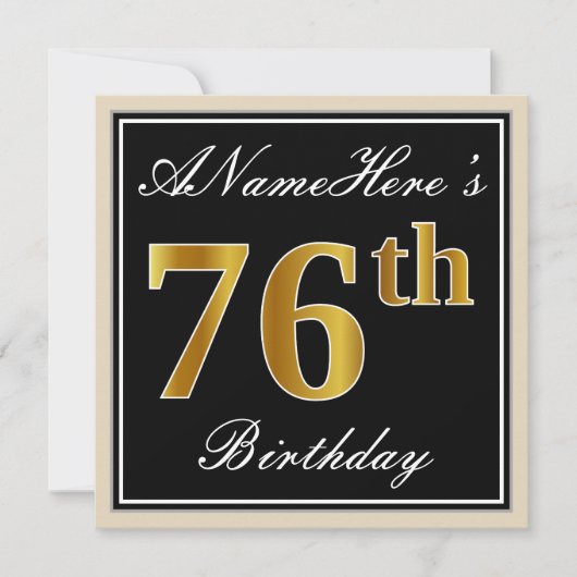 Elegant, zwart, Faux Gold 76th Birthday + naam Kaart (Voorkant)