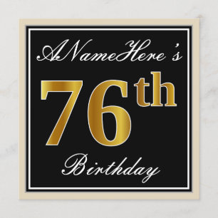 Elegant, zwart, Faux Gold 76th Birthday + naam Kaart