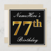 Elegant, zwart, Faux Gold 77th Birthday + naam Kaart (Voorkant / Achterkant)