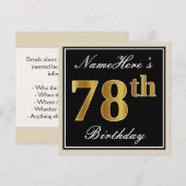 Elegant, zwart, Faux Gold 78th Birthday + naam Kaart (Voorkant / Achterkant)