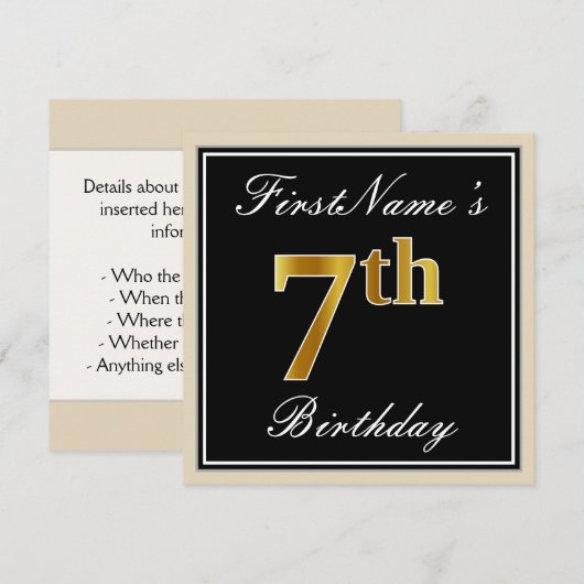 Elegant, zwart, Faux Gold 7th Birthday + naam Kaart (Voorkant / Achterkant)