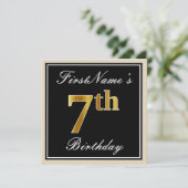 Elegant, zwart, Faux Gold 7th Birthday + naam Kaart (Staand voorkant)
