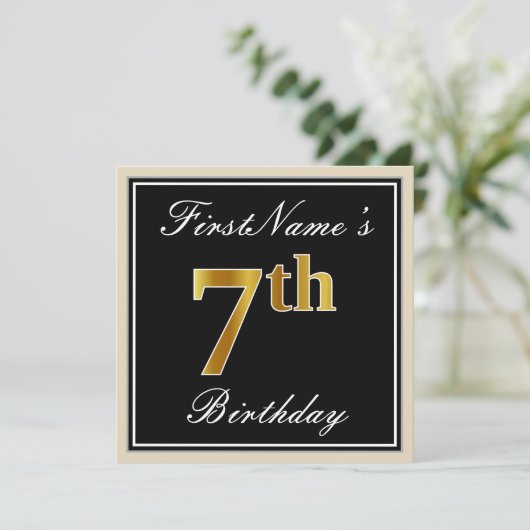Elegant, zwart, Faux Gold 7th Birthday + naam Kaart (Staand voorkant)