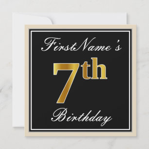 Elegant, zwart, Faux Gold 7th Birthday + naam Kaart