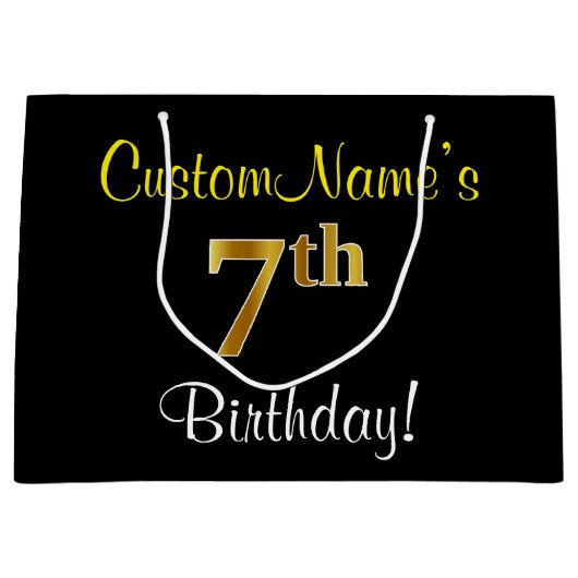 Elegant, zwart, Faux Gold 7th Birthday + naam Large Cadeautasje (Voorkant)