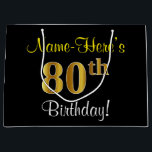 Elegant, zwart, Faux Gold 80th Birthday   naam Large Cadeautasje<br><div class="desc">Dit eenvoudige, elegante verjaardagsgeschenktasontwerp heeft een gepersonaliseerde boodschap zoals "Name-Here’s 80th Birthday!" (met de "80th" met een faux/imitatie goud-achtige kleurlook) op een zwart gekleurde achtergrond. De naam is geschreven in geelgekleurde tekst en kan worden aangepast. Een gepersonaliseerde verjaardagscadeauzak als deze kan misschien worden gebruikt bij het geven van een cadeau...</div>