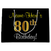 Elegant, zwart, Faux Gold 80th Birthday + naam Large Cadeautasje (Voorkant)
