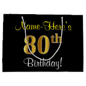 Elegant, zwart, Faux Gold 80th Birthday + naam Large Cadeautasje (Achterkant)