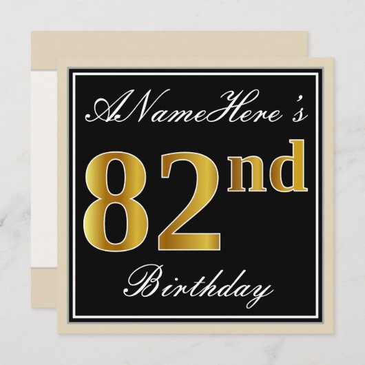 Elegant, zwart, Faux Gold 82e verjaardag + naam Kaart (Voorkant / Achterkant)