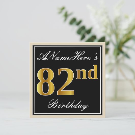 Elegant, zwart, Faux Gold 82e verjaardag + naam Kaart (Staand voorkant)