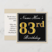 Elegant, zwart, Faux Gold 83rd Birthday + naam Kaart (Voorkant / Achterkant)