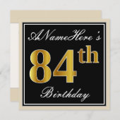 Elegant, zwart, Faux Gold 84th Birthday + naam Kaart (Voorkant / Achterkant)
