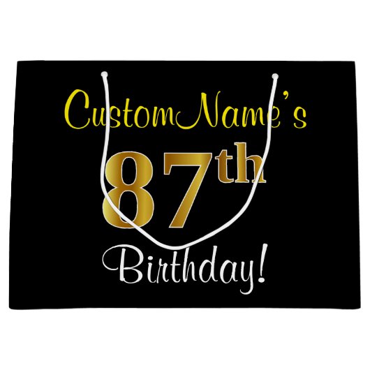 Elegant, zwart, Faux Gold 87th Birthday + naam Groot Cadeauzakje (Voorkant)