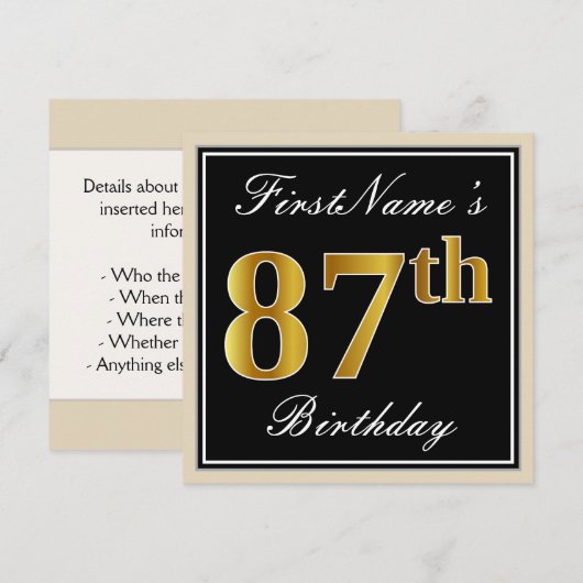 Elegant, zwart, Faux Gold 87th Birthday + naam Kaart (Voorkant / Achterkant)