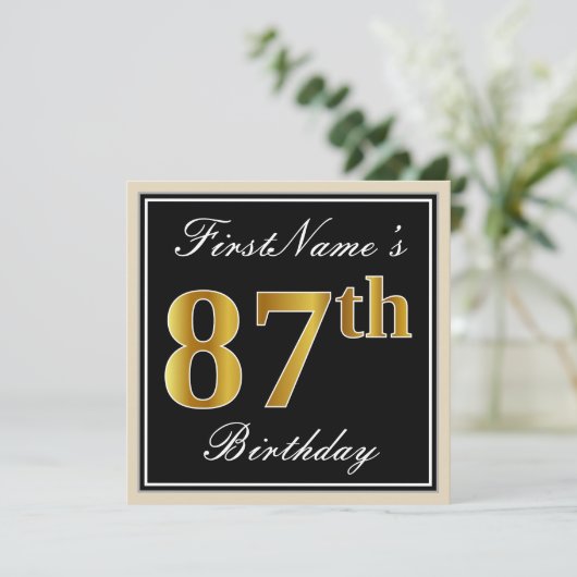 Elegant, zwart, Faux Gold 87th Birthday + naam Kaart (Staand voorkant)