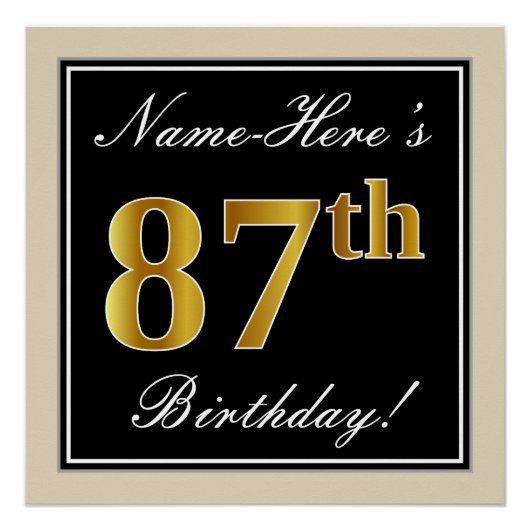 Elegant, zwart, Faux Gold 87th Birthday + naam Poster (Voorkant)