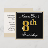 Elegant, zwart, Faux Gold 8th Birthday + naam Kaart (Voorkant / Achterkant)
