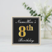 Elegant, zwart, Faux Gold 8th Birthday + naam Kaart (Staand voorkant)