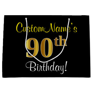 Elegant, zwart, Faux Gold 90th Birthday + naam Large Cadeautasje