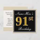 Elegant, zwart, Faux Gold 91st Birthday + naam Kaart (Voorkant / Achterkant)