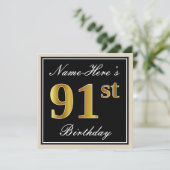 Elegant, zwart, Faux Gold 91st Birthday + naam Kaart (Staand voorkant)