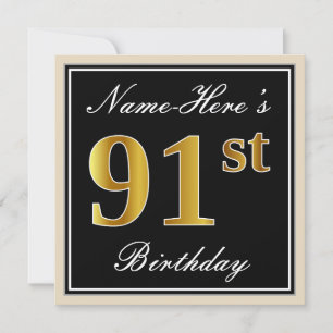 Elegant, zwart, Faux Gold 91st Birthday + naam Kaart