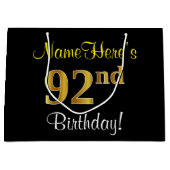 Elegant, zwart, Faux Gold 92e verjaardag + naam Large Cadeautasje (Voorkant)