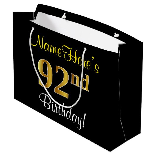 Elegant, zwart, Faux Gold 92e verjaardag + naam Large Cadeautasje (Achterkant Gekanteld)