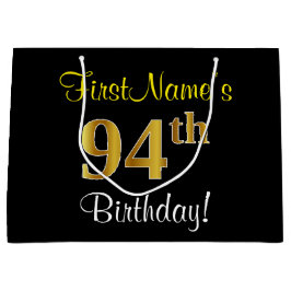 Elegant, zwart, Faux Gold 94th Birthday + naam Large Cadeautasje