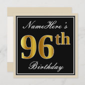 Elegant, zwart, Faux Gold 96th Birthday + naam Kaart (Voorkant / Achterkant)