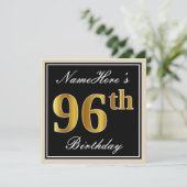 Elegant, zwart, Faux Gold 96th Birthday + naam Kaart (Staand voorkant)