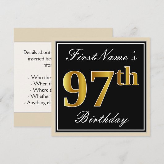 Elegant, zwart, Faux Gold 97th Birthday + naam Kaart (Voorkant / Achterkant)