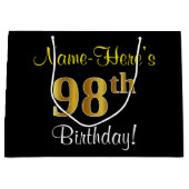 Elegant, zwart, Faux Gold 98th Birthday + naam Groot Cadeauzakje (Voorkant)