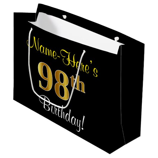 Elegant, zwart, Faux Gold 98th Birthday + naam Groot Cadeauzakje (Voorkant Gekanteld)