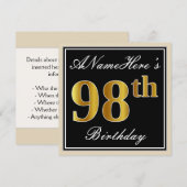 Elegant, zwart, Faux Gold 98th Birthday + naam Kaart (Voorkant / Achterkant)