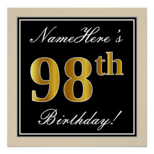 Elegant, zwart, Faux Gold 98th Birthday + naam Poster
