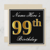 Elegant, zwart, Faux Gold 99th Birthday + naam Kaart (Voorkant / Achterkant)