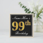 Elegant, zwart, Faux Gold 99th Birthday + naam Kaart (Staand voorkant)