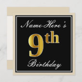 Elegant, zwart, Faux Gold 9th Birthday + naam Kaart (Voorkant / Achterkant)