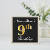 Elegant, zwart, Faux Gold 9th Birthday + naam Kaart (Staand voorkant)