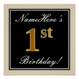 Elegant, zwart, Faux Gold, eerste verjaardag + naa Perfect Poster
