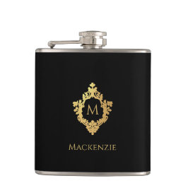 Elegant zwart Faux Gold  Monogram in Crest Heupfles