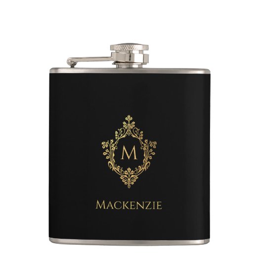 Elegant zwart Faux Gold  Monogram in Crest Heupfles (Voorkant)