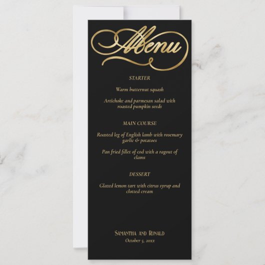 Elegant Zwart & Faux Goud Kalligrafie Trouwmenu Kaart (Voorkant)