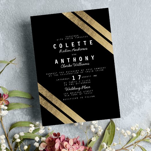 Elegant zwart faux goud moderne strepen bruiloft kaart