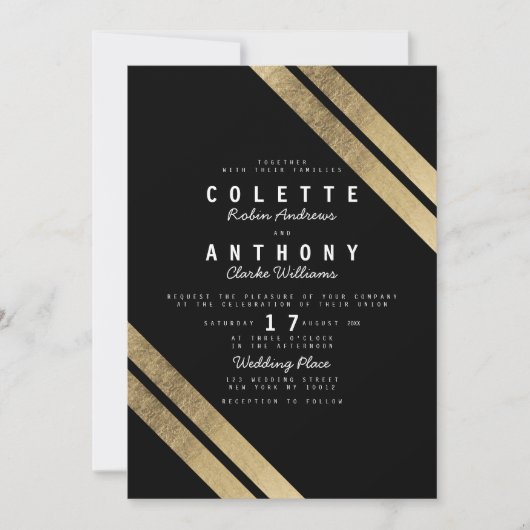 Elegant zwart faux goud moderne strepen bruiloft kaart (Voorkant)