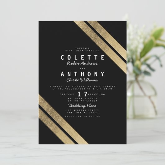 Elegant zwart faux goud moderne strepen bruiloft kaart (Staand voorkant)