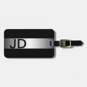 Elegant zwart faux zilver vet monogram bagagelabel (Voorkant horizontaal)